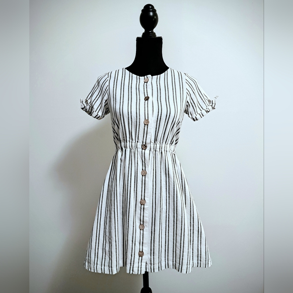 Sweet Button Down Black and White Striped Dress, Elastic Waist, Girls 11/12